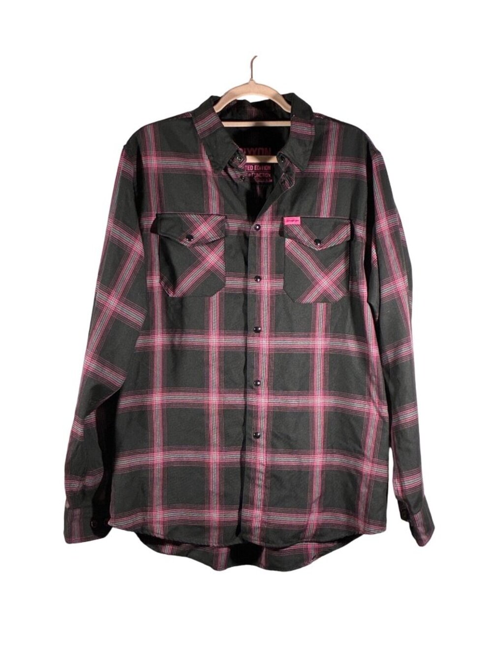 Dixxon Snap-On Limited Edition Black & Pink Plaid Flannel Shirt L D-Tech Polyest